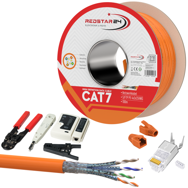 CAT 7 Verlegekabel variable Länge 100m Werkzeugset + 10x RJ45 Netzwerkstecker - Orange