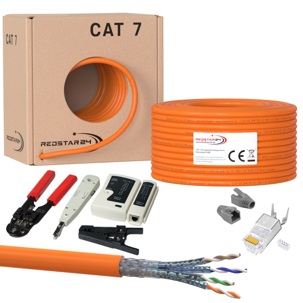 Cat.7 Netzwerkkabel 100m Verlegekabel Werkzeug Set + 10x RJ45 Stecker Daten LAN Kabel