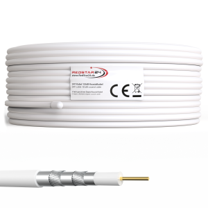 100m Koaxial SAT Kabel 135dB Digital Antennenkabel 5-Fach geschirmt für Ultra HD 4K DVB-S / S2 DVB-C/C2 und DVB-T BK Anlagen | Koaxialkabel Weiß inkl. 10 vergoldete F-Stecker (Weiß, 100m)
