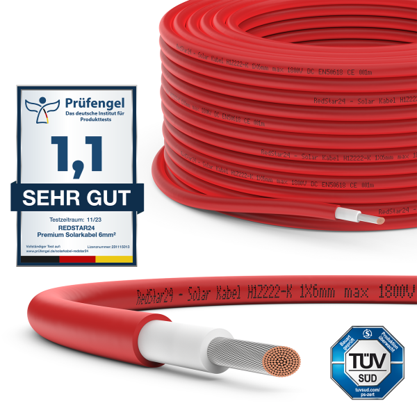 Solarkabel 6mm² Solarleitung PV Kabel für Photovoltaik Anlagen Kupfer 5m-100m Rot 30m